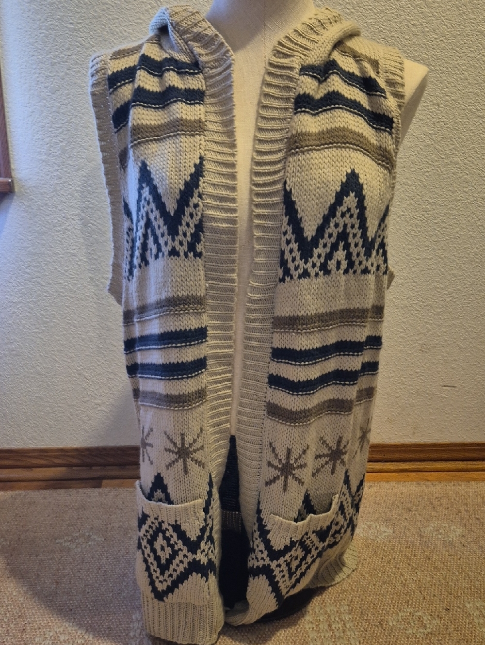 Maurices Cream Hooded Knit Vest with Navy & Tan Fair Isle Accents